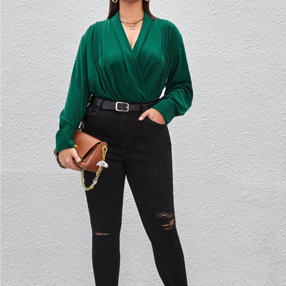 Elegant Classic Surplice Drape Neck Cuff Long Sleeve Top Blouse Shirt Green - Picture 5 of 5